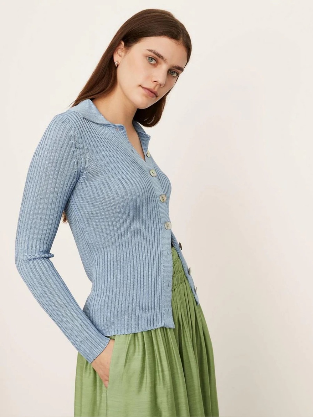 Vince Ribbed Collared Cardigan in Riviera - Picture 7 of 8